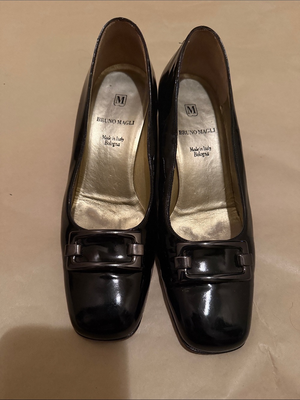 Bruno Magli Women's Black Patent Leather Square-Toe Loafers with Front Buckle